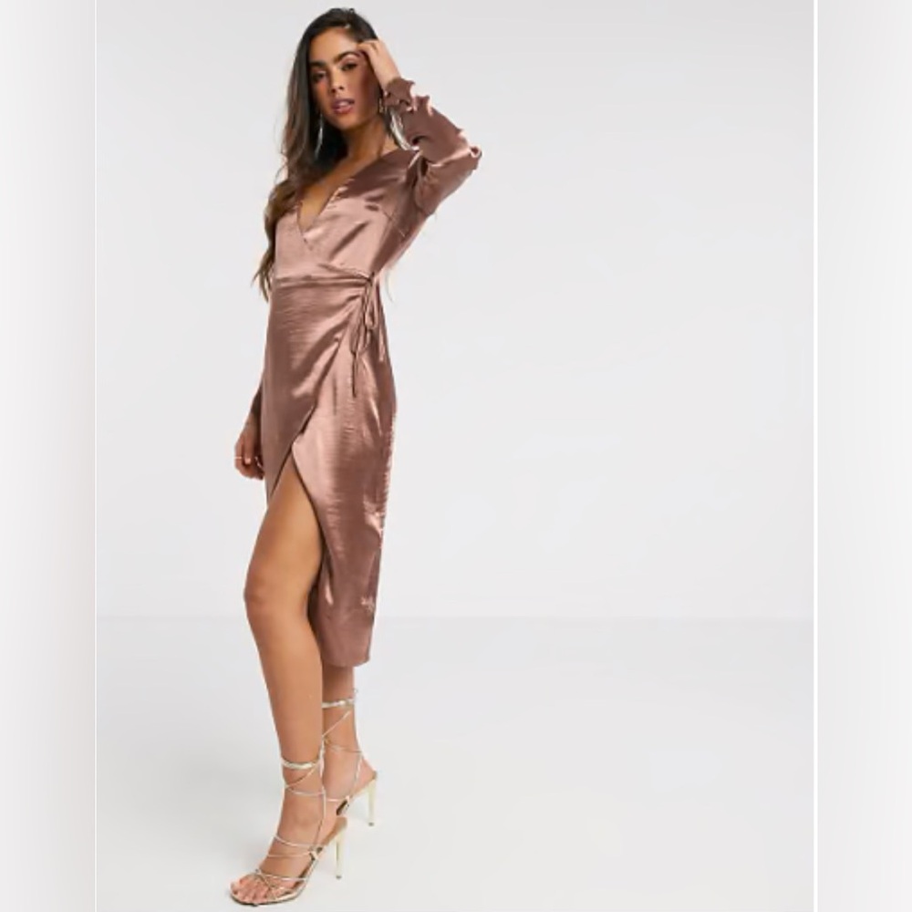 ASOS DESIGN wrap midi dress in high shine satin in rose